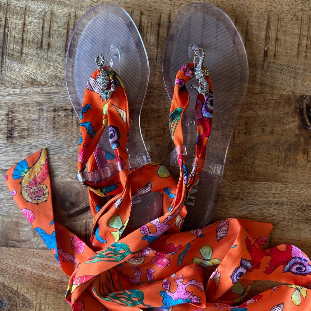 INC MALANA Orange seahorse jelly Sandals rhinestones thong jellies scarf - Picture 7 of 8